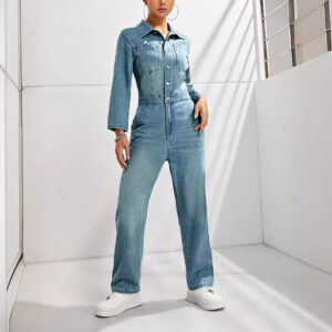Women's Slim-fit Long-sleeved Denim Jumpsuit